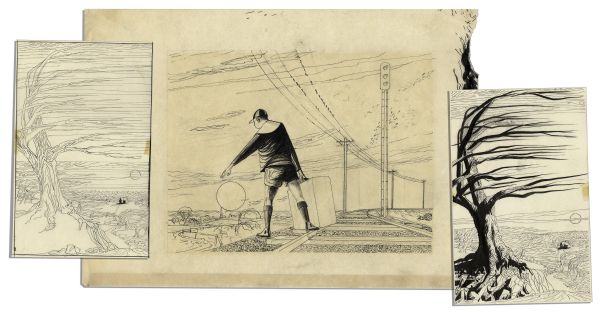 Ray Bradbury Lot of 3 Drawings by Joseph Mugnaini -- One Is for Bradbury's Story ''Hail and Farewell'' -- Other Two Are for ''The Wind'' From ''The October Country''