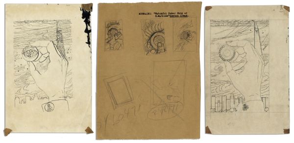 Ray Bradbury Personally Owned Trio of Sketches by Joseph Mugnaini for ''The Watchful Poker Chip of H. Matisse''