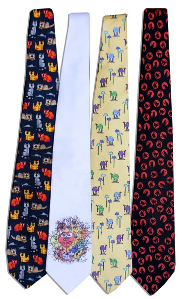 Lot of 4 Men's Neckties From the Personal Wardrobe of Ray Bradbury -- One Is Custom Made With Bradbury's Own Art From the Cover of ''The Cat's Pajamas''