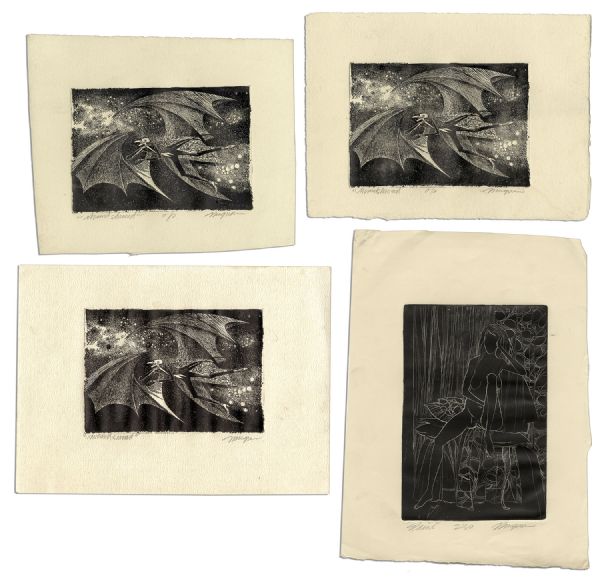 Ray Bradbury Personally Owned Lot of 4 Intaglio Prints Signed by the Artist, Joseph Mugnaini -- 3 Prints of Mr. Moundshroud From ''The Halloween Tree'' &  Female Nude Titled ''Elaine''