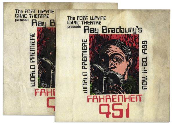 Ray Bradbury Owned Pair of Block Relief Art Prints for the Stage Play of ''Fahrenheit 451'' -- Both Measure 14'' x 14'' -- Toning to Top Edge, Else Near Fine -- With COA From Estate