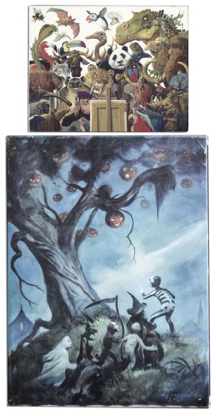 Ray Bradbury Owned Pair of Giclee Prints on Canvas -- One Is a Scene From ''The Halloween Tree'' -- Measures 18'' x 24'' -- Scattered Surface Abrasions, Else Near Fine -- COA From Estate