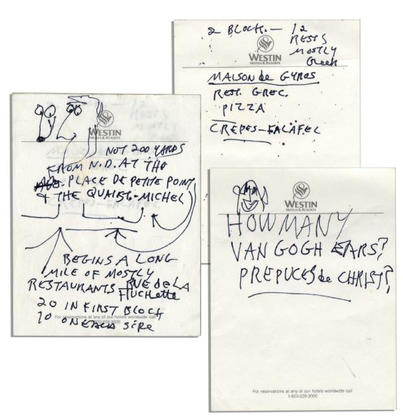 Ray Bradbury Handwritten Notes & Doodles -- Bradbury Recommends Restaurants in Paris