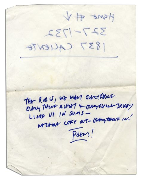 Ray Bradbury Handwritten Poem -- ''The Rubes, we want everything everything right and everything bright /  lined up in sums -- nothing left out -- everything in! / Poem!''