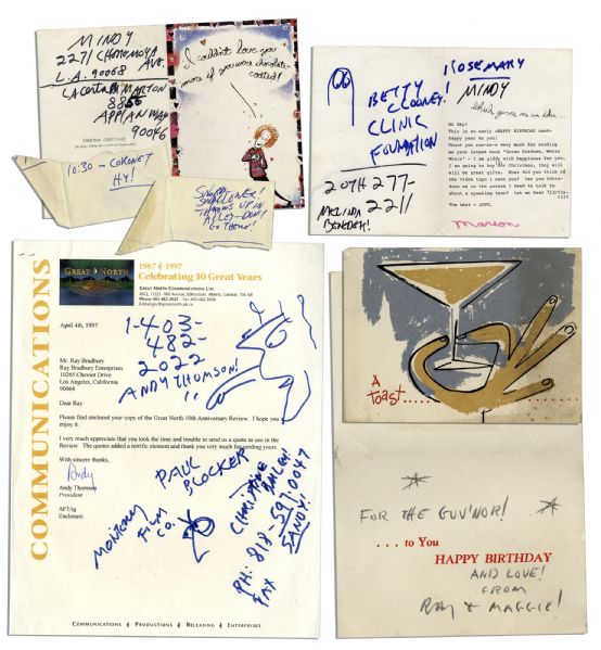 Ray Bradbury Collection of Four Handwritten Notes on Various Personal Papers -- ''Sword swallower! / Throws up in alley -- don't go there!''