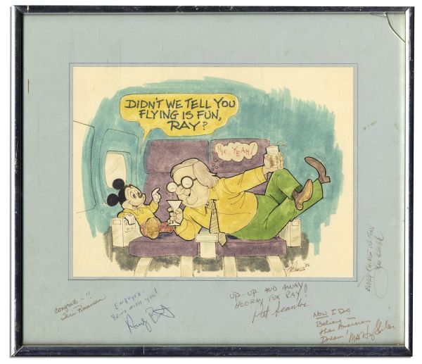 Ray Bradbury Owned Cartoon of Bradbury on a Private Jet Drinking a Martini With Mickey Mouse, Framed to 13.25'' x 12'' -- With a Framed Chris Lane Print -- Near Fine -- With COA From Estate