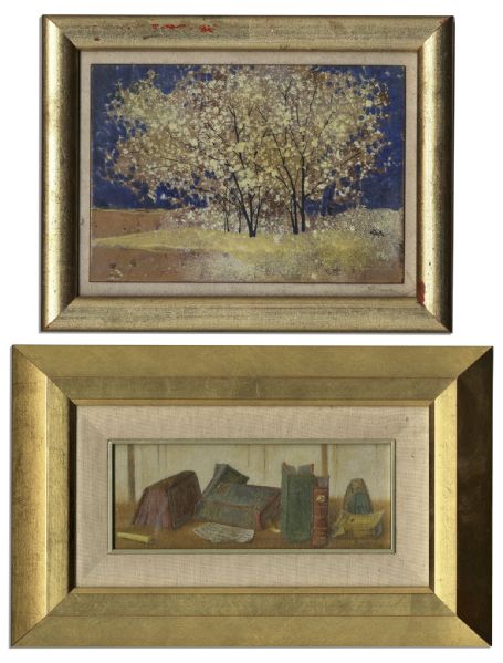 Ray Bradbury Owned Lot of Two Small Paintings -- One Depicts Colorful Books on a Desk -- Largest Measures 12.25'' x 8'' -- Near Fine -- With COA From Estate