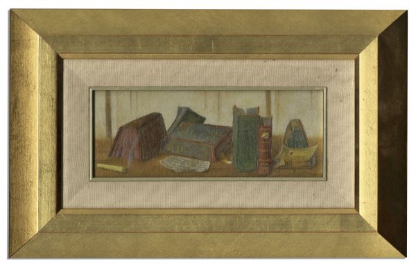Ray Bradbury Owned Lot of Two Small Paintings -- One Depicts Colorful Books on a Desk -- Largest Measures 12.25'' x 8'' -- Near Fine -- With COA From Estate
