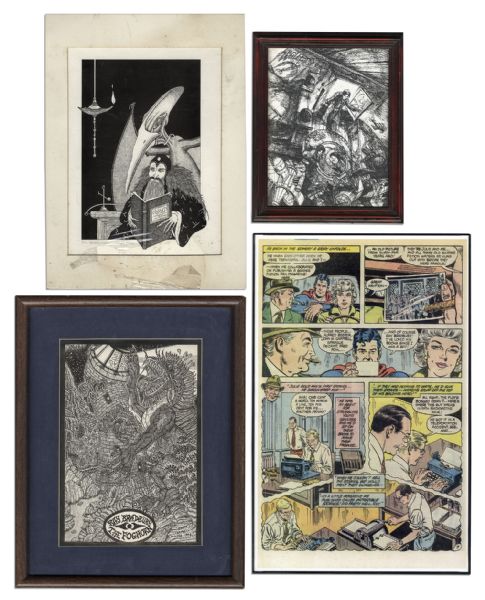 Ray Bradbury Owned Lot of 4 Artworks -- Framed Page From Superman Comic #411 Depicting a Young Ray Bradbury + 3 Fan Illustrations -- 11.25'' x 17.5'' -- Very Good -- With COA From Estate