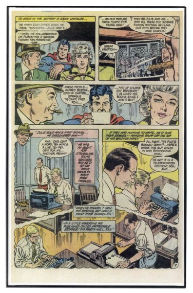 Ray Bradbury Owned Lot of 4 Artworks -- Framed Page From Superman Comic #411 Depicting a Young Ray Bradbury + 3 Fan Illustrations -- 11.25'' x 17.5'' -- Very Good -- With COA From Estate