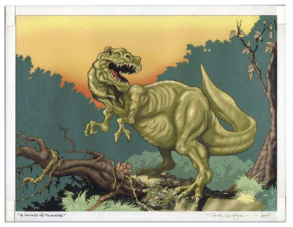 Ray Bradbury Owned Print Inspired by ''A Sound of Thunder'' & Dinosaur Figure -- Art Framed to 14.25'' x 11.25'', Dinosaur Measures 19.5'' From Nose to Tail -- Near Fine -- COA From Estate