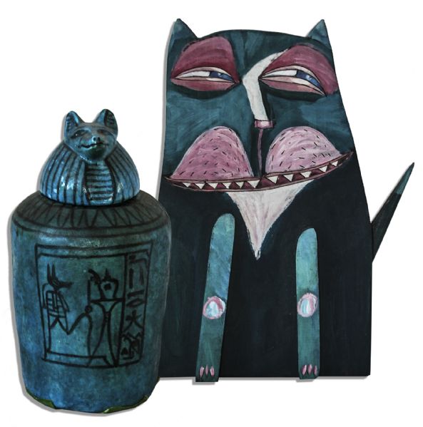 Ray Bradbury Owned Egyptian Style Ceramic Lidded Urn With Anubis Head Finial  -- Plus Painted Wooden Cat Carving by Christina Luck Measuring 7'' x 11.75'' -- Near Fine -- COA From Estate