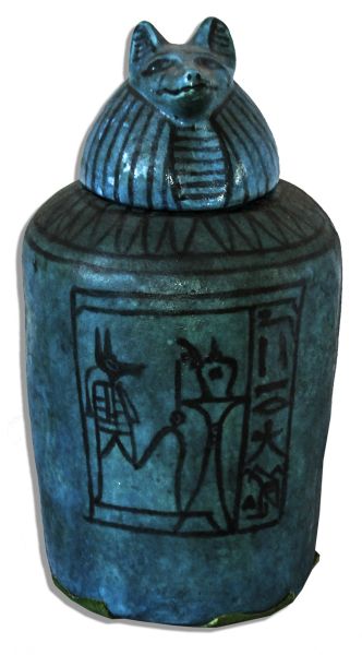 Ray Bradbury Owned Egyptian Style Ceramic Lidded Urn With Anubis Head Finial  -- Plus Painted Wooden Cat Carving by Christina Luck Measuring 7'' x 11.75'' -- Near Fine -- COA From Estate