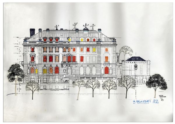 Ray Bradbury Personally Owned & Signed Hand-Colored Print of a Mansion -- Print Is Added-on by Hand, Likely by Bradbury
