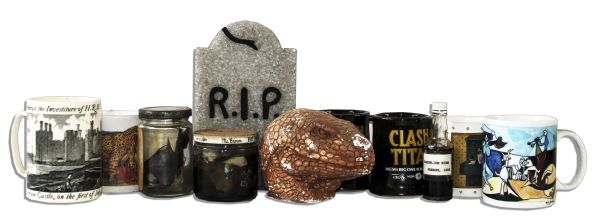 Ray Bradbury Owned Lot of 6 Coffee Mugs & 4 Halloween Decorations: Bat in a Jar & Battery-Operated R.I.P. Tombstone -- Plus a Little Bottle Labeled ''Dandelion Wine'' -- COA From Estate
