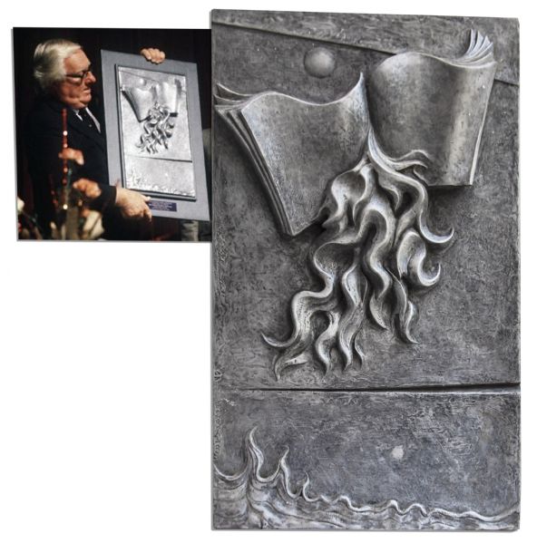 Ray Bradbury Owned ''Fahrenheit 451'' Metal Tablet With Art in Relief -- Presented to Bradbury by the Artist in November 1988 -- Measures 12.75'' x 21.5'' -- Weighs 11 Lbs -- COA From Estate