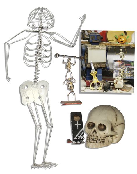 Ray Bradbury Owned Skeleton Lot of 4 -- Skull Bank, Hand-Painted Miniature Coffin, Humorous Skeleton Sculpture, Large Wire Skeleton Sculpture Measuring 14.5'' x 27'' -- With COA From Estate