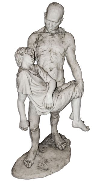 Ray Bradbury Owned Ceramic Statue of Man Cradling a Boy -- Likely Relating to One of His Stories -- Signed by Various People Along Base -- ''For Ray'' -- 19'' x 36'' -- COA From Estate