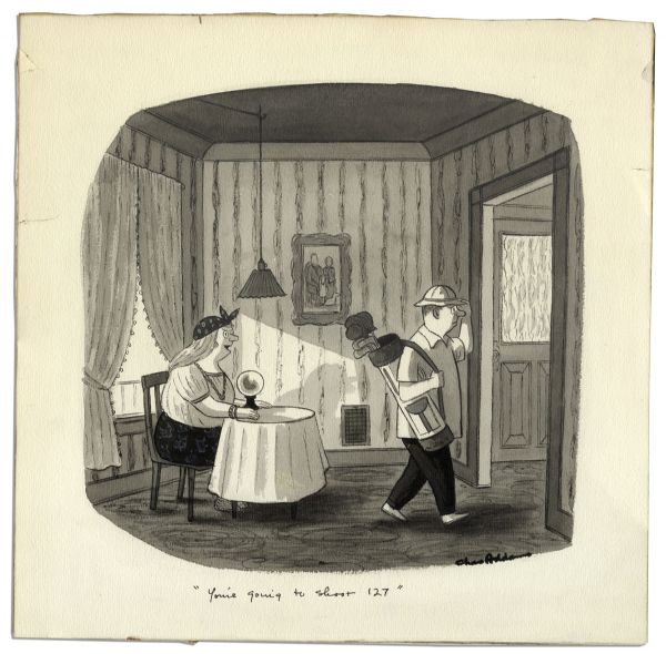 Charles Addams Original ''New Yorker'' Cartoon Illustration Art -- Published in 1952 & Humorously Depicting a Golfer Visiting a Fortune Teller -- Also Signed by Addams