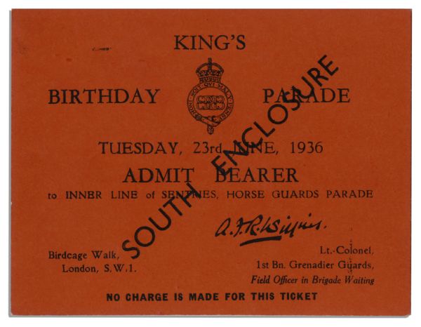 Ticket to the Birthday Parade of King Edward VIII Held on 23 June 1936 -- His Sole Birthday as Monarch Before Abdication Later That Year