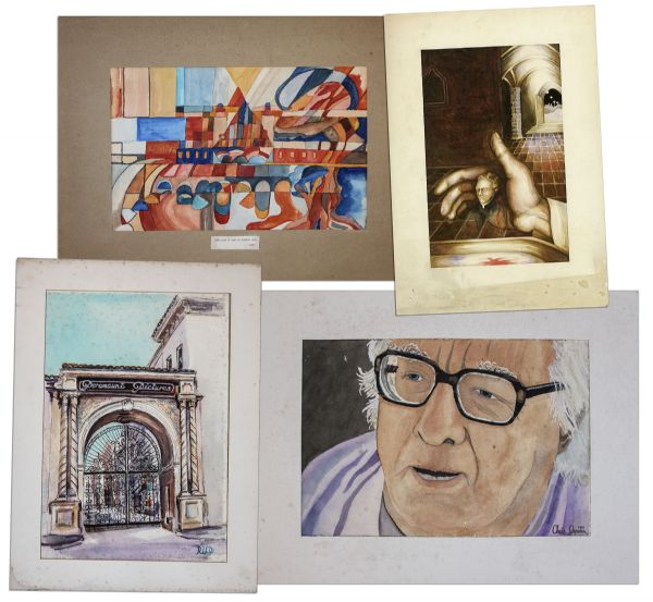 Ray Bradbury Personally Owned Art Lot of 4 Watercolor Paintings -- Including a Portrait of Bradbury