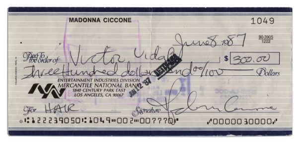 Madonna Signed Check From 1987 -- The Pop Superstar Makes the Check Out to Her Stylist for ''HAIR'' Services