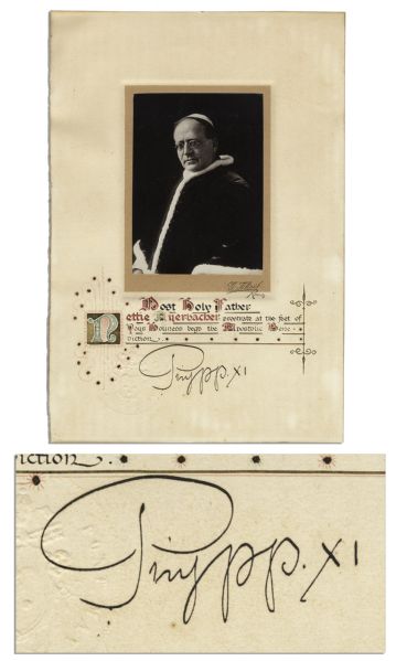 Pope Pius XI Photo Portrait Mounted to a Signed Illuminated Papal Blessing