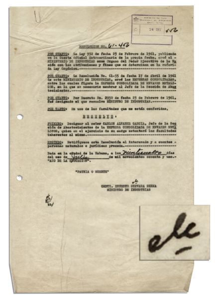 Che Guevara 1961 Political Resolution Signed as Minister of Industry -- In the Wake of the Bay of Pigs Invasion -- Signed ''Che''