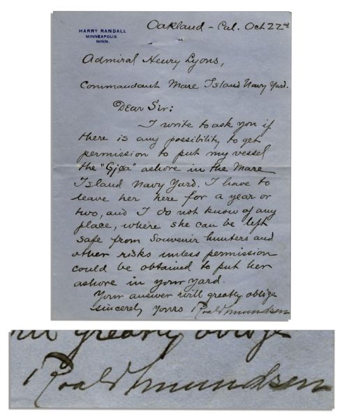 Letter Signed by Arctic Explorer Roald Amundsen Regarding His Vessel ''Gjoa'', Used During the Northwest Passage -- ''...where she can be left safe from souvenir hunters and other risks...''