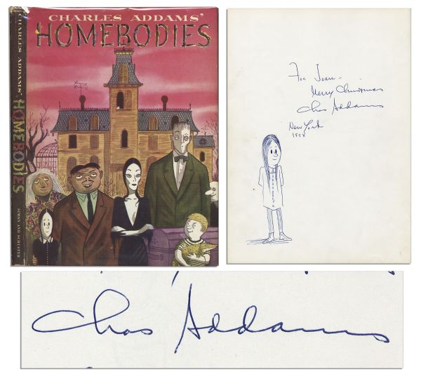 Rare Charles Addams Hand Drawing of Wednesday Addams -- Signed Within the First Printing of His Book ''Homebodies''