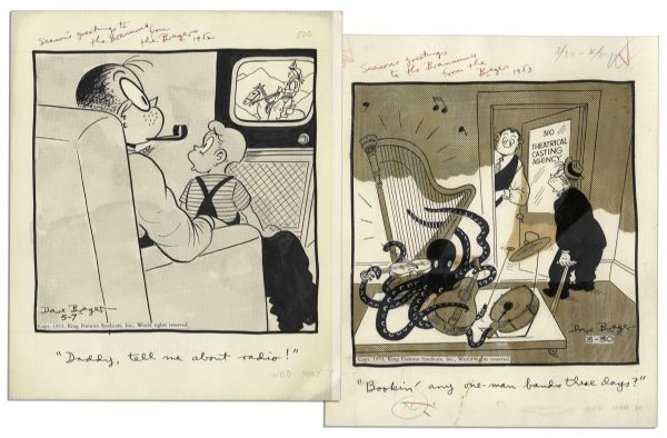 Pair of Original Cartoons Hand-Drawn by Dave Breger & Gifted to Hugh Brannum, ''Captain Kangaroo'' Actor Who Played Mr. Green Jeans