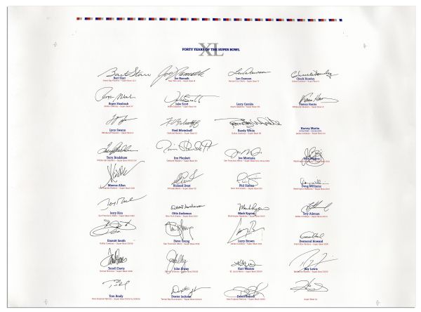 Super Bowl MVP Poster Signed by Every Living MVP in 40 Years of the Super Bowl -- From 1967-2006