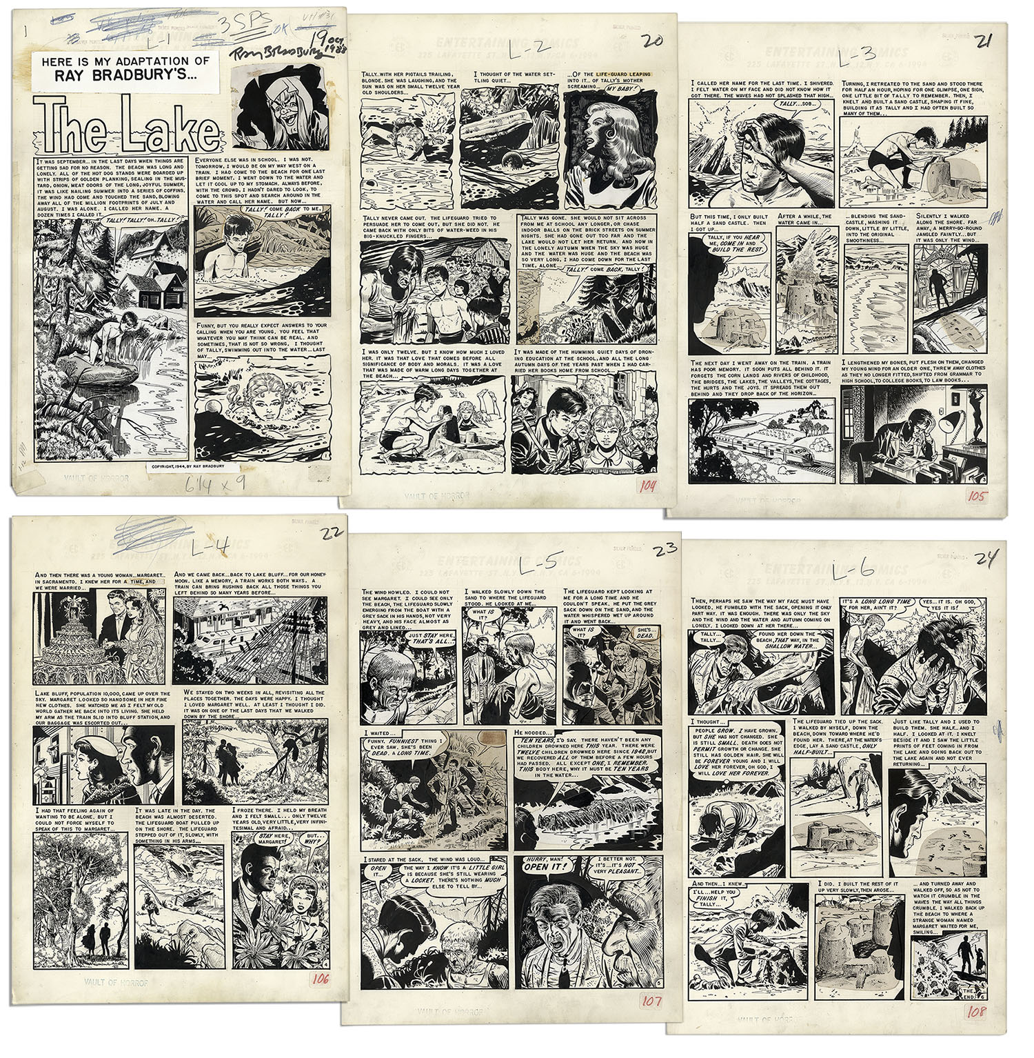 Joe Orlando Art Joe Orlando Complete Six Page Story From EC Comics ''Vault of Horror #31'' -- From 1953 -- Adapted From Ray Bradbury's Short Story ''The Lake'' -- Signed by Bradbury