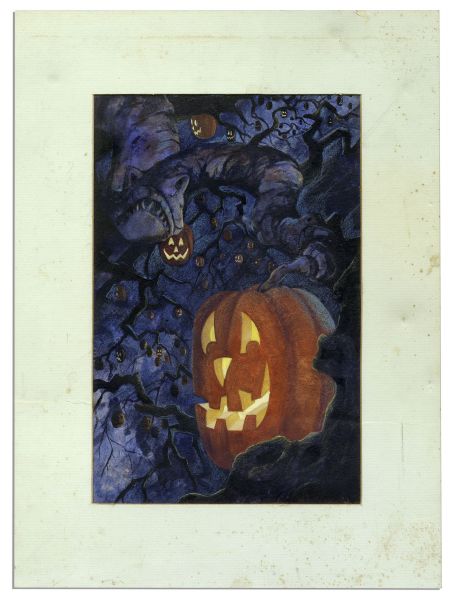 Ray Bradbury Owned Art Inspired by His Story ''The Halloween Tree'' -- Mixed Media Art is Matted to an Overall Size of 12'' x 16''  -- Foxing to Mat, Else Near Fine -- With COA From Estate