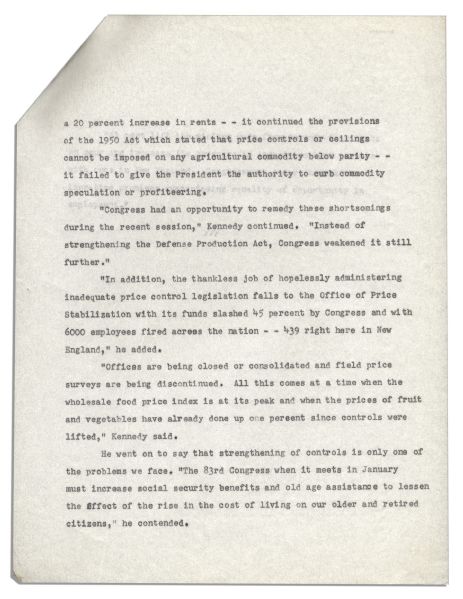 Rare 1952 Statement by Congressman John F. Kennedy on the Minimum Wage