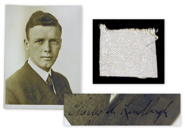 Fantastic Charles Lindbergh Lot -- Piece of Fabric from the ''Spirit of St. Louis'' and Signed Photograph of Lindbergh -- Scarce