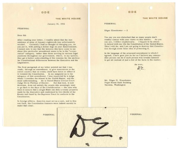 Dwight D. Eisenhower Typed Letter Signed as President: ''...the lawyers who have come to me about this particular amendment seem to be in the 'corporation' category...''