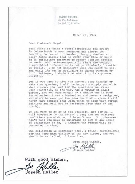 Joseph Heller Typed Letter Signed -- ''I am not Hemingway (nor was meant to be)...I'm not as reclusive as Thomas Pynchon or J.D. Salinger...''