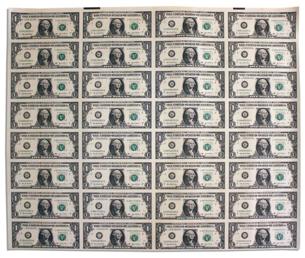 Sheet of 32 Uncut $1 Federal Reserve Notes -- Series 2003-A, Chicago -- Near Fine