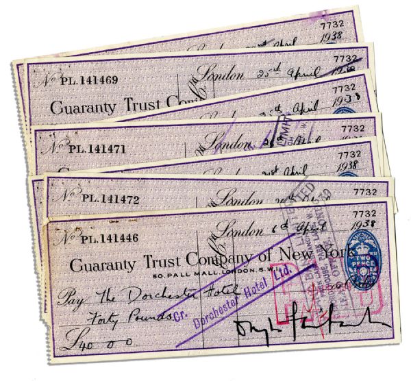 Lot of 7 Douglas Fairbanks, Sr. Signed Checks -- With Corresponding Entries on Ledger Sheet