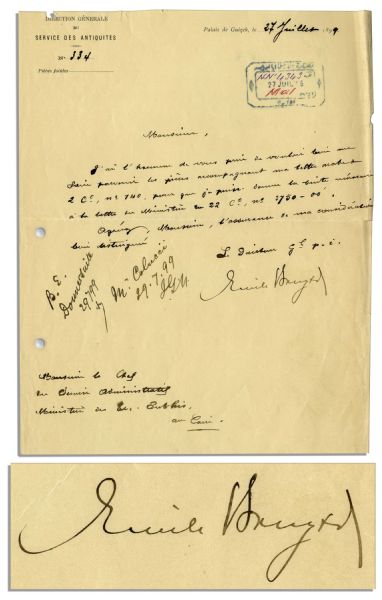 Egyptologist Emile Brugsch Document Signed -- 1899