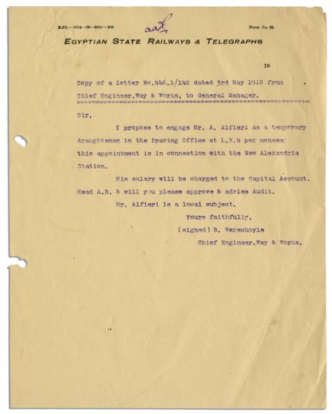 Egyptologist Emile Brugsch Document Signed -- 1899