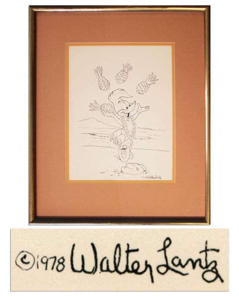 Walter Lantz Signed Sketch of Woody Woodpecker Juggling Pineapples