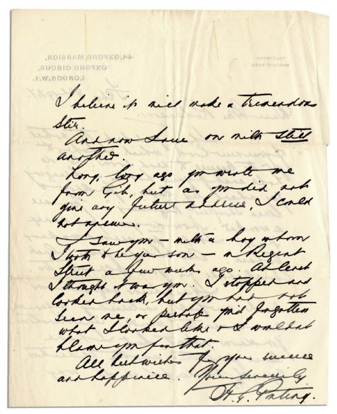 Captain Scott's Antarctic Photographer, Herbert Ponting Autograph Letter Signed -- ''...I have been engaged in such awfully interesting research and innovative work...''
