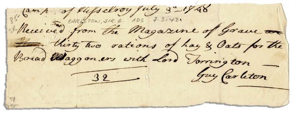 Guy Carleton Autograph Note Signed 1748 -- Commander-in-Chief of British Forces During the Revolutionary War