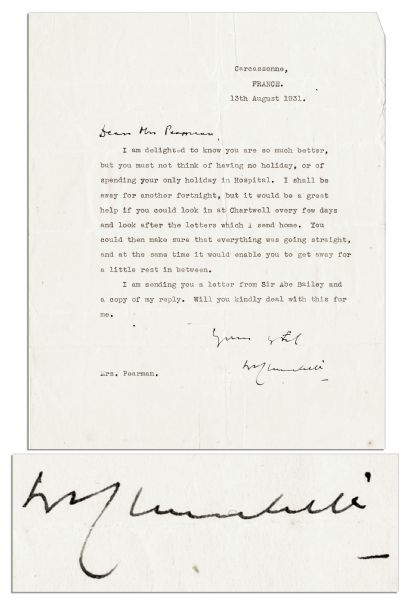 Winston Churchill Typed Letter Signed -- ''...you must not think of having no holiday, or of spending your only holiday in Hospital...'' -- 1931