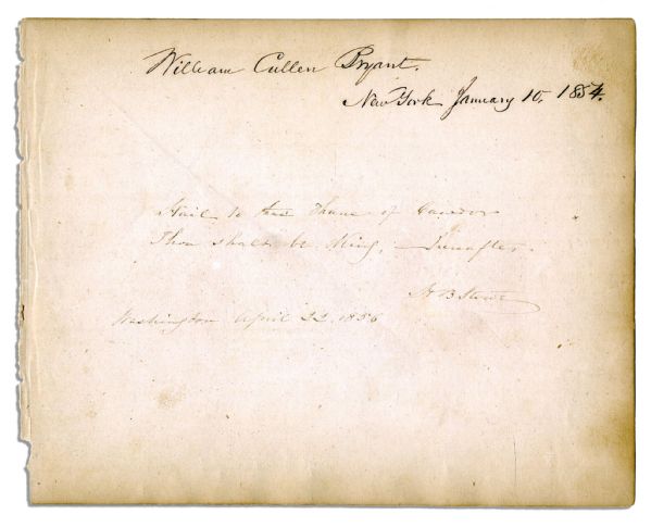 Harriet Beecher Stowe Handwrites a Quote From ''Macbeth'' and Signs Alongside William Cullen Bryant Upon a Single Slip