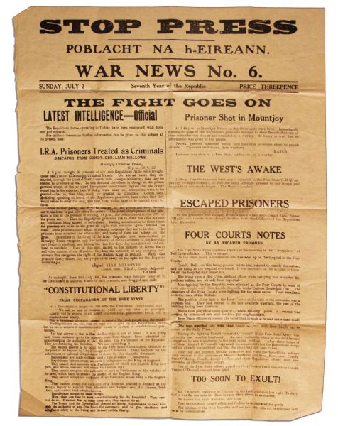 Irish Civil War Broadside Printed by Eamon de Valera's IRA -- 1922 -- ''...they would be treated as criminals...''