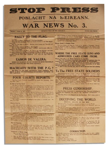 Irish Civil War Broadside Issued by the IRA -- Eamon de Valera Tells the Irish to ''Rally to the Flag'' and ''It is War''