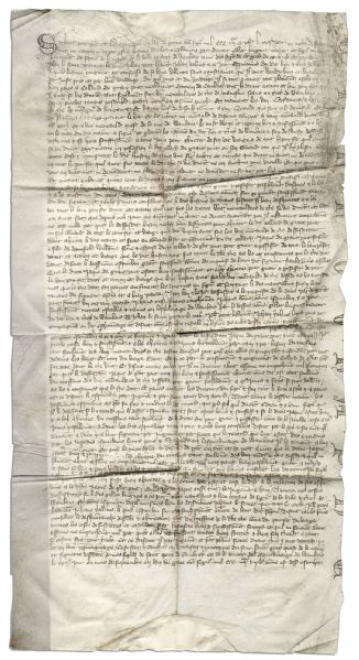 14th Century Medieval French Document -- Exquisite Calligraphy, Measuring 12'' x 23.5''